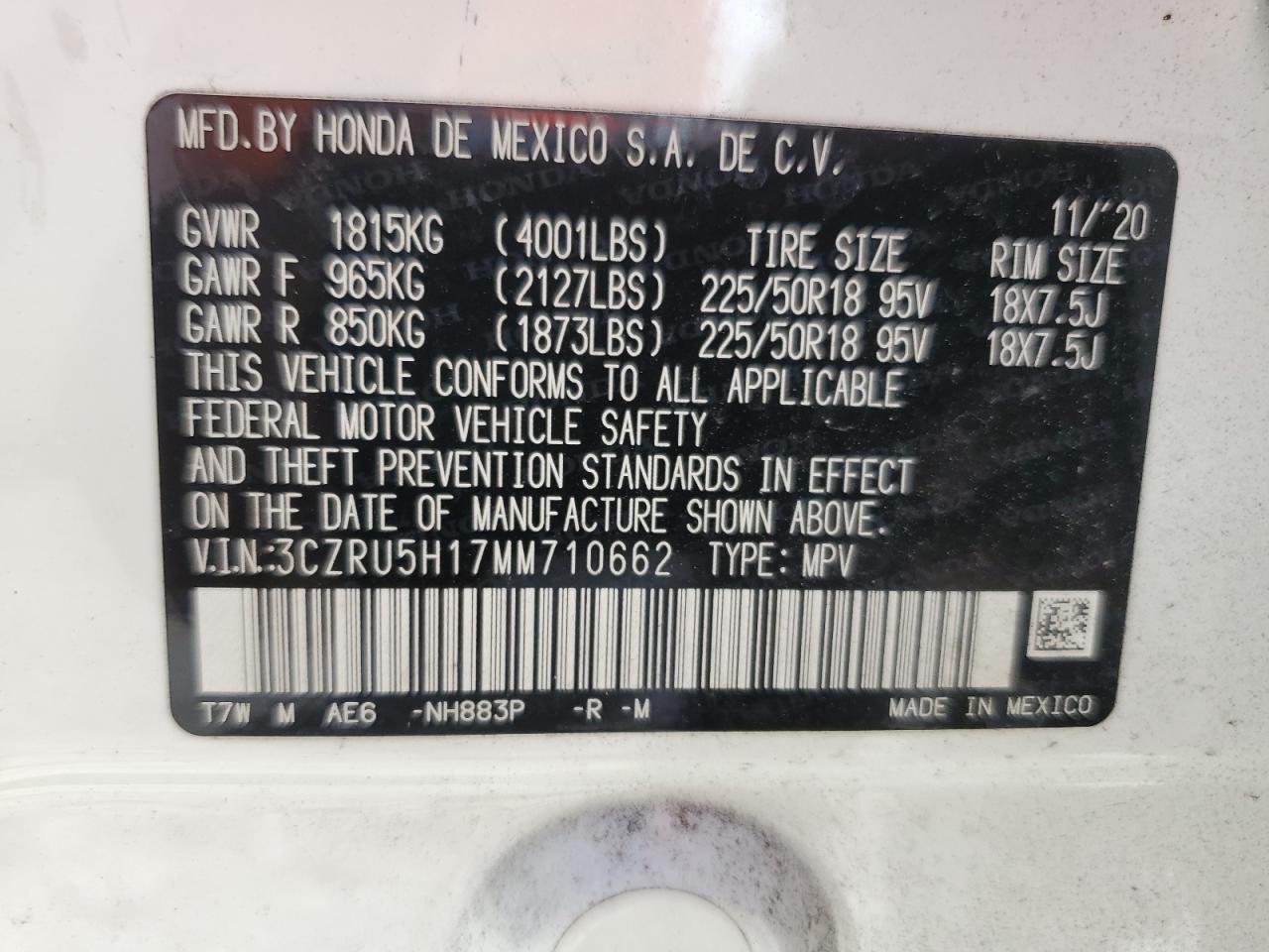 2021 Honda Hr-V Sport VIN: 3CZRU5H17MM710662 Lot: 66126755