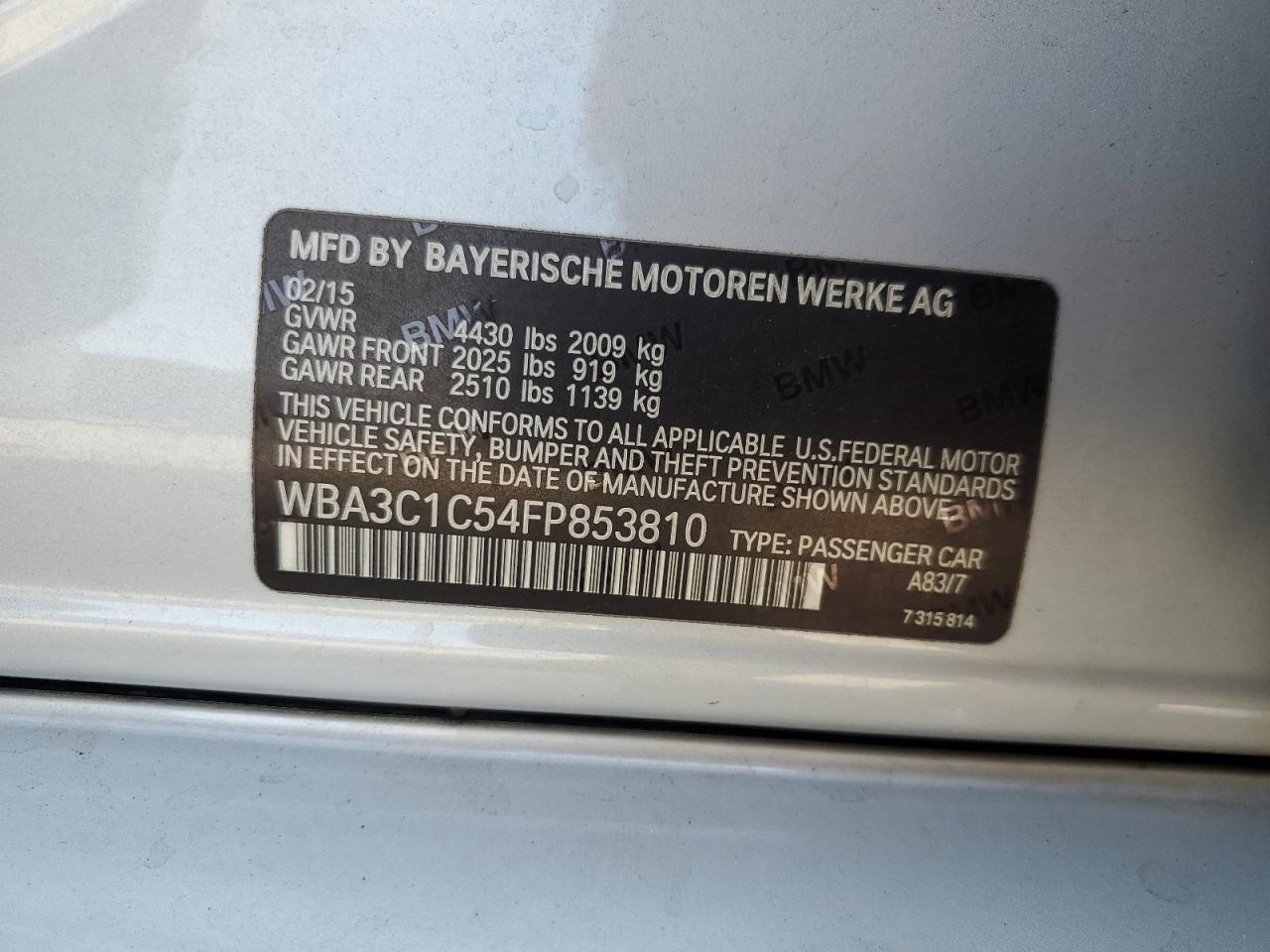 2015 BMW 328 I Sulev VIN: WBA3C1C54FP853810 Lot: 64235025