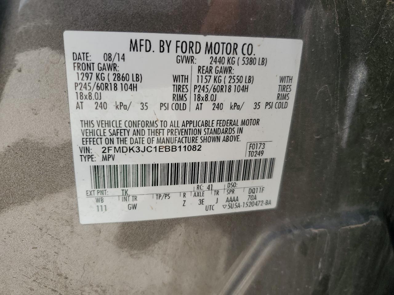 2014 Ford Edge Sel VIN: 2FMDK3JC1EBB11082 Lot: 64251005