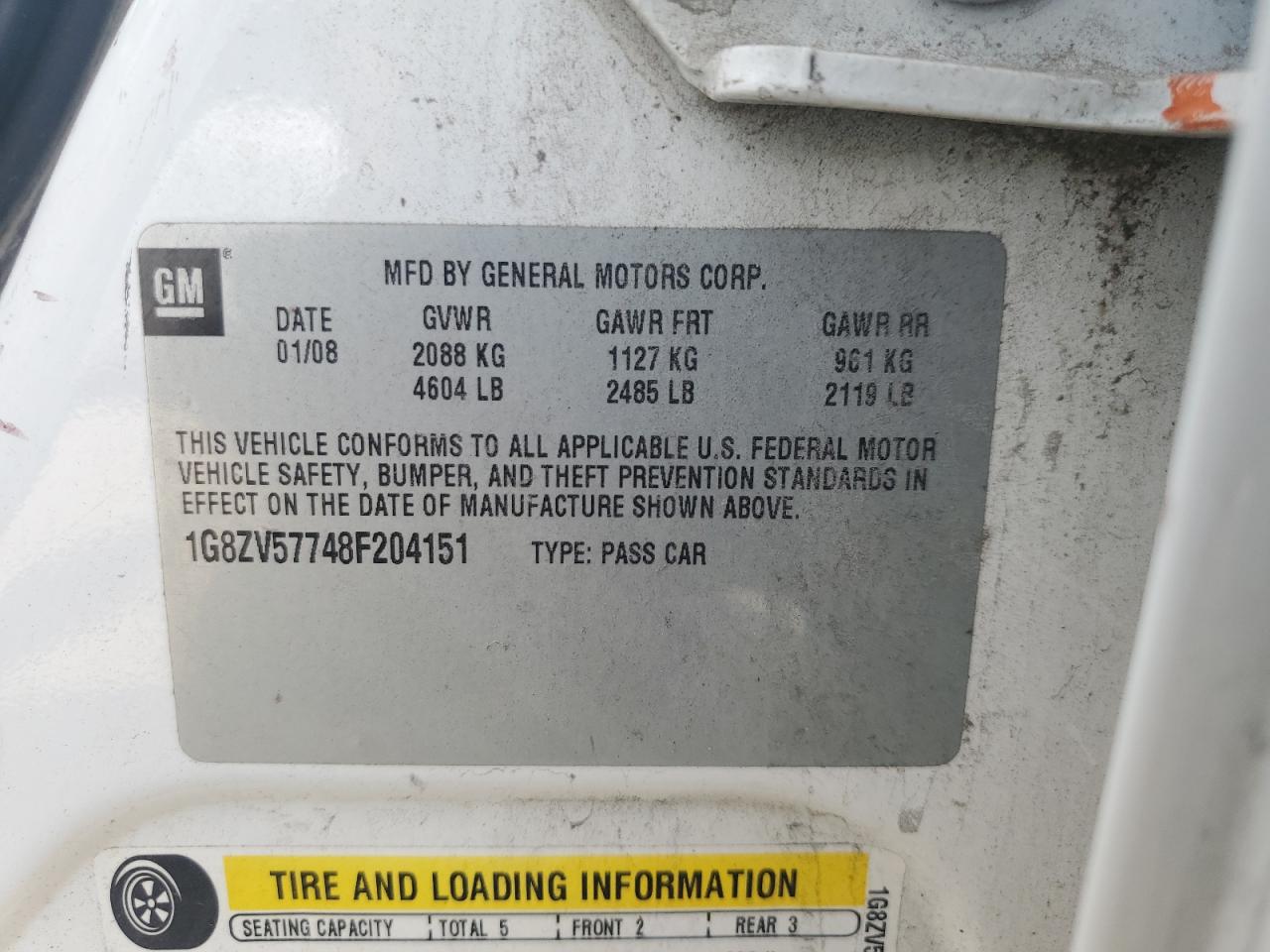 2008 Saturn Aura Xr VIN: 1G8ZV57748F204151 Lot: 63661575