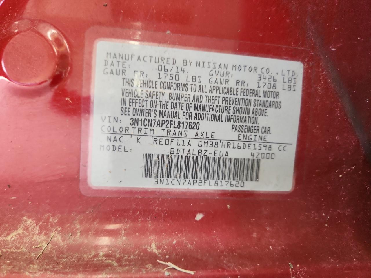 2015 Nissan Versa S VIN: 3N1CN7AP2FL817620 Lot: 64520505