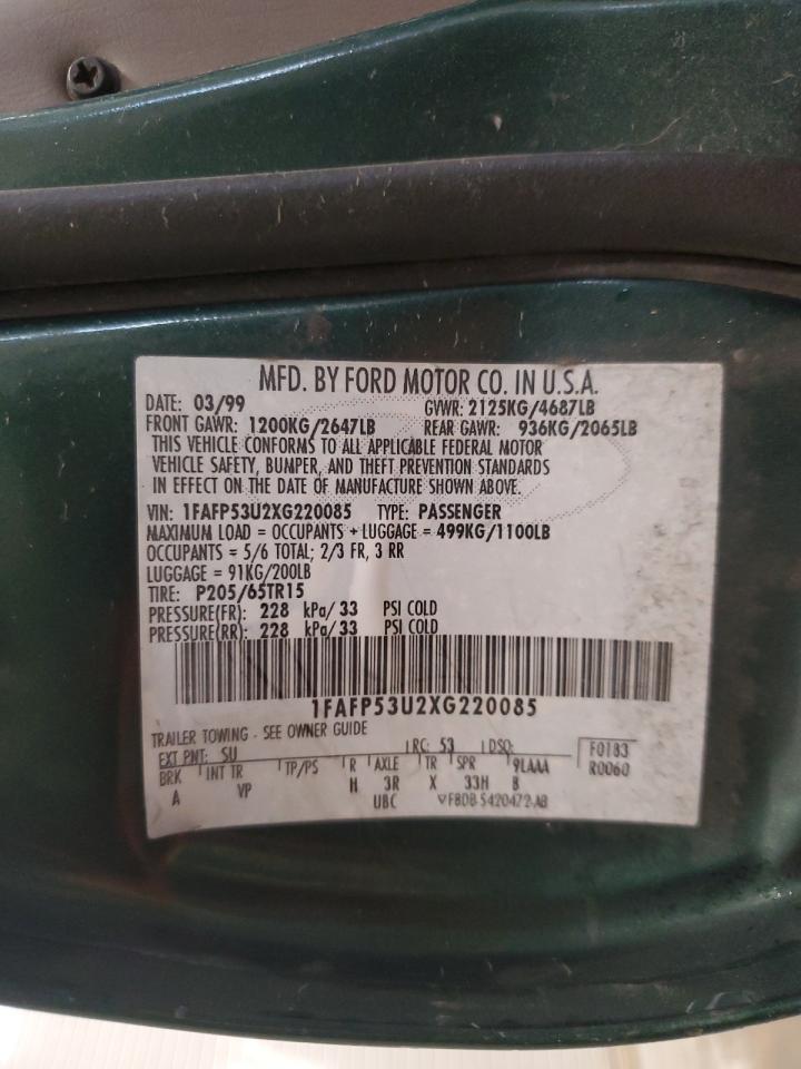 1999 Ford Taurus Se VIN: 1FAFP53U2XG220085 Lot: 66205335