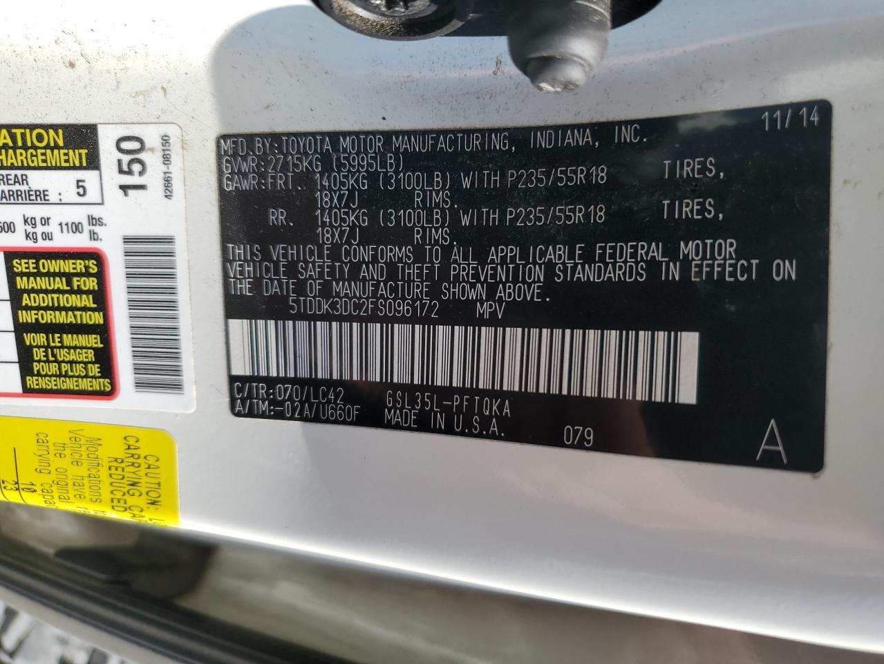 2015 Toyota Sienna Xle VIN: 5TDDK3DC2FS096172 Lot: 63043675