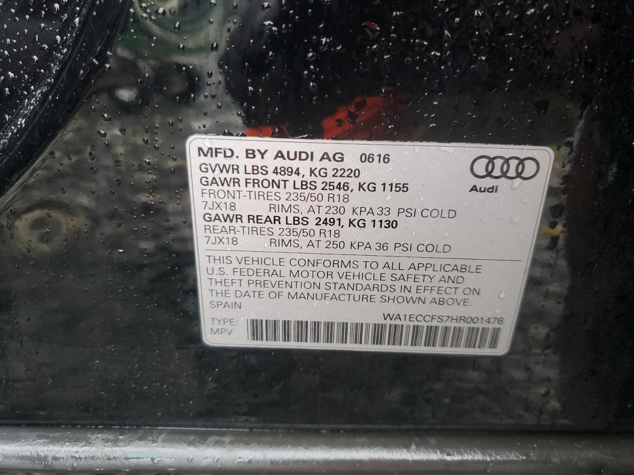 2017 Audi Q3 Premium VIN: WA1ECCFS7HR001476 Lot: 63598805