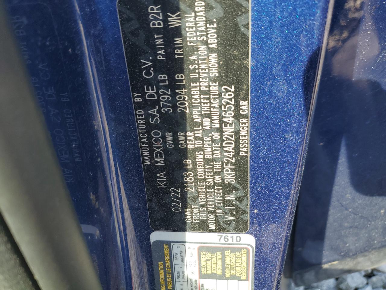 2022 Kia Forte Fe VIN: 3KPF24AD2NE465262 Lot: 63292675