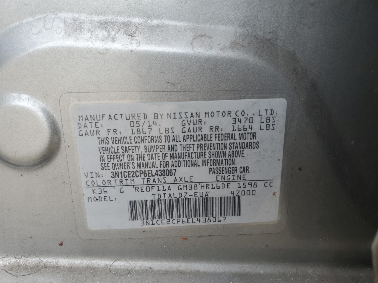 2014 Nissan Versa Note S VIN: 3N1CE2CP6EL438067 Lot: 63050145