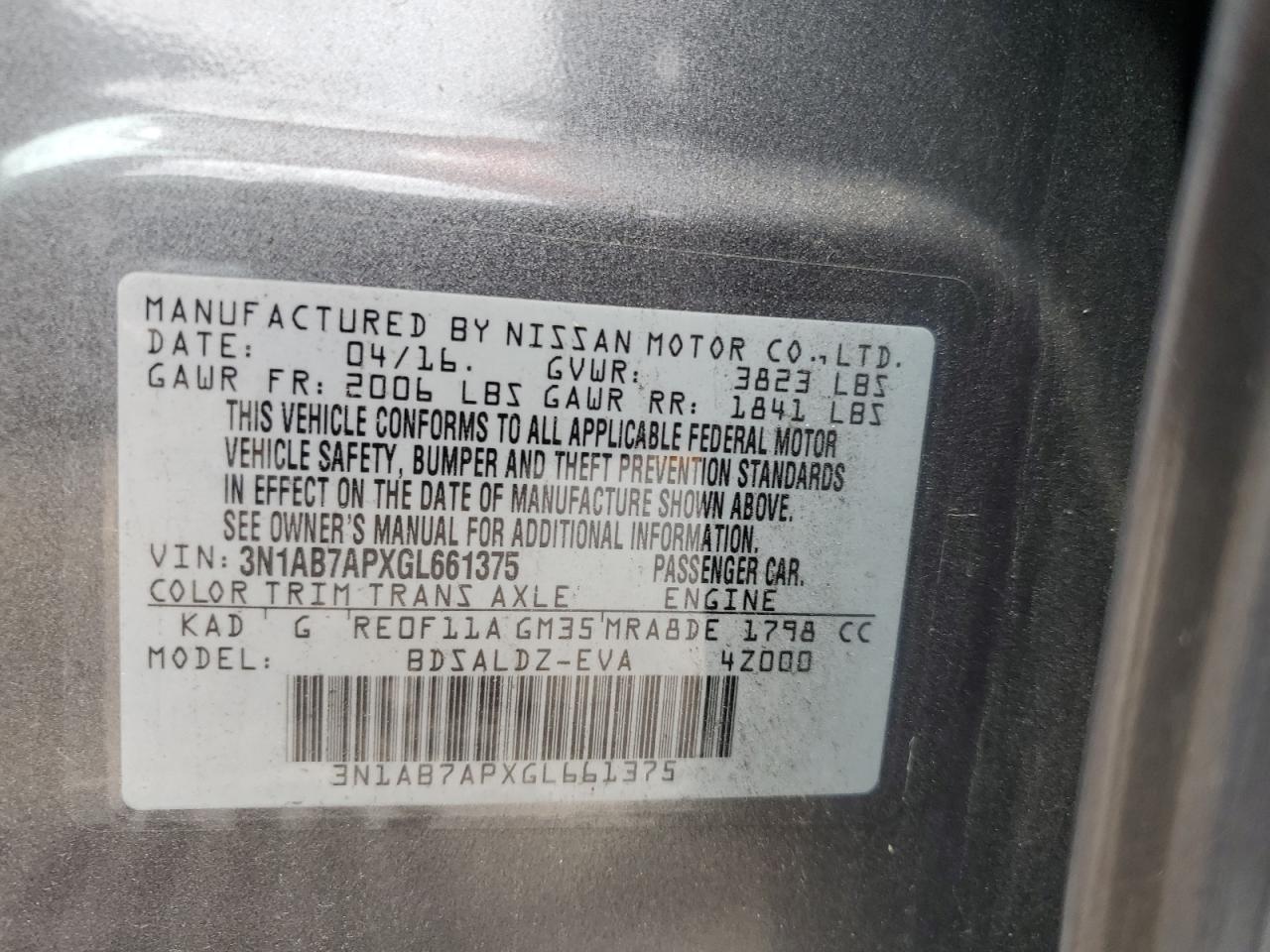 2016 Nissan Sentra S VIN: 3N1AB7APXGL661375 Lot: 59988125