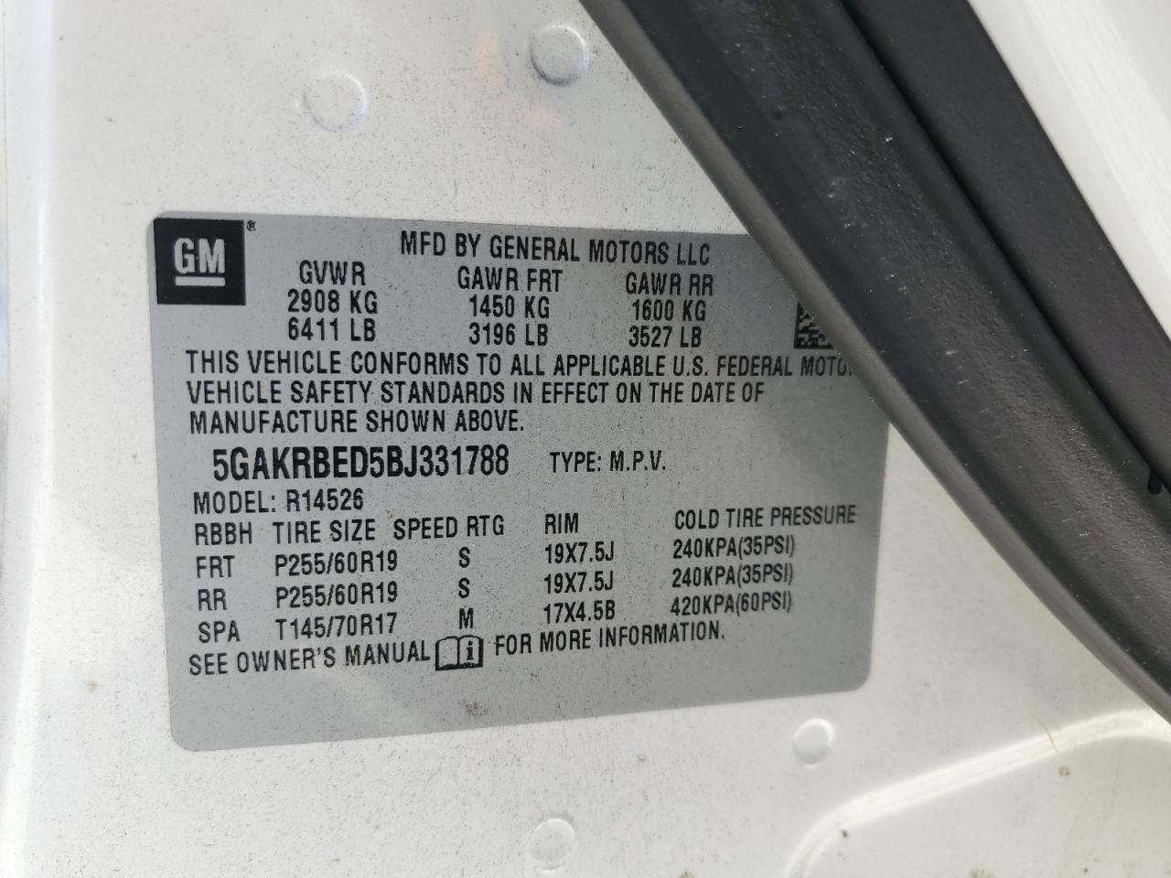 2011 Buick Enclave Cxl VIN: 5GAKRBED5BJ331788 Lot: 65212135