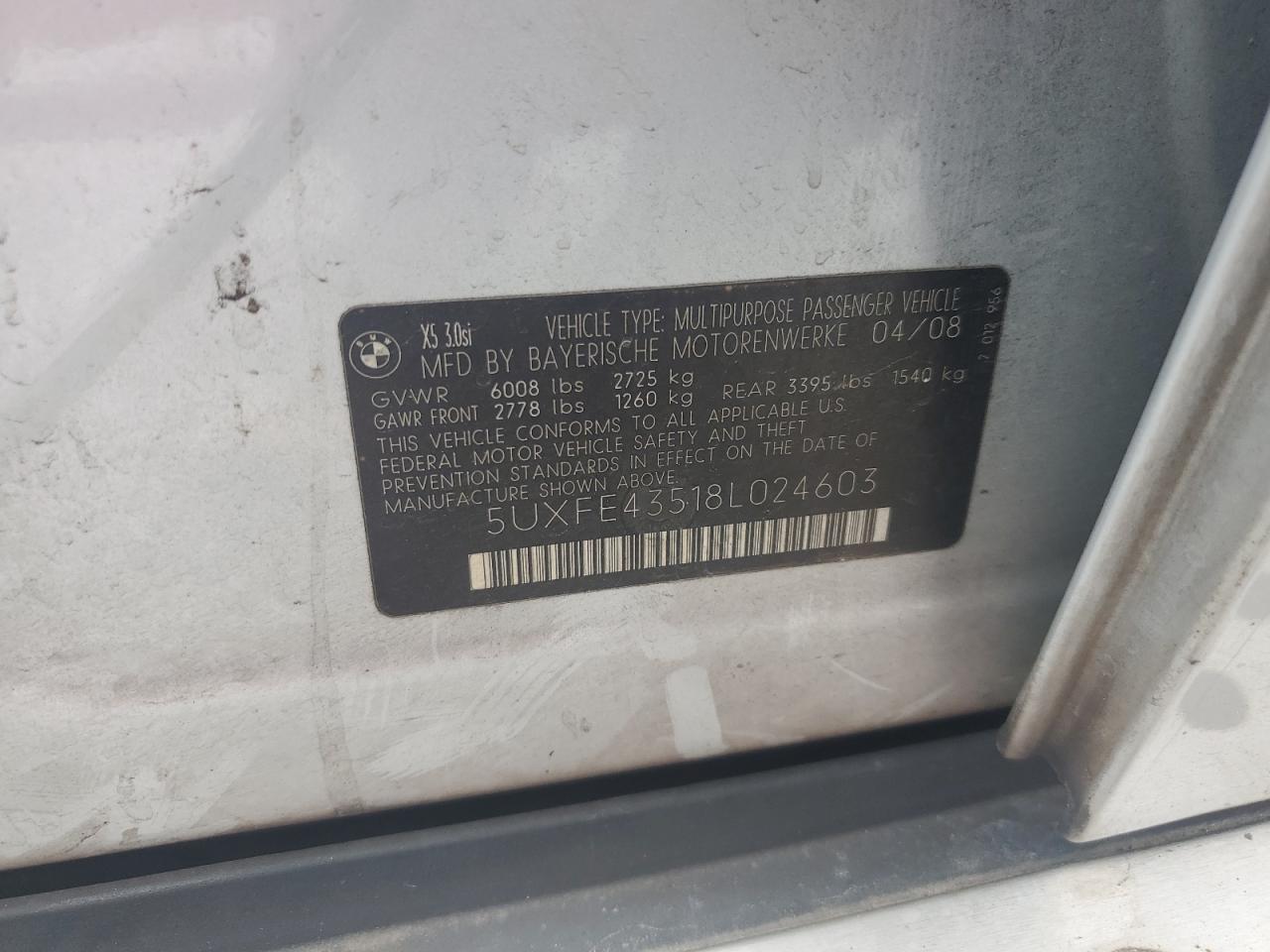 2008 BMW X5 3.0I VIN: 5UXFE43518L024603 Lot: 66268575