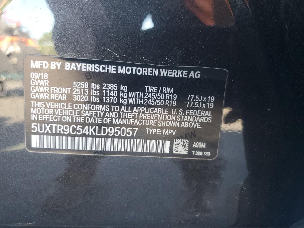 2019 BMW X3 xDrive30I VIN: 5UXTR9C54KLD95057 Lot: 63837245