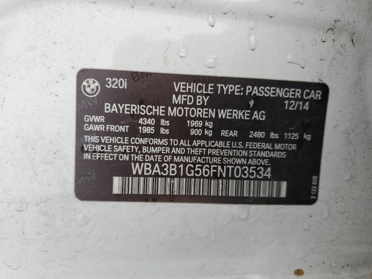 2015 BMW 320 I VIN: WBA3B1G56FNT03534 Lot: 65134575