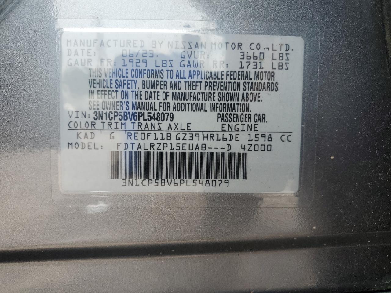 2023 Nissan Kicks S VIN: 3N1CP5BV6PL548079 Lot: 63209175