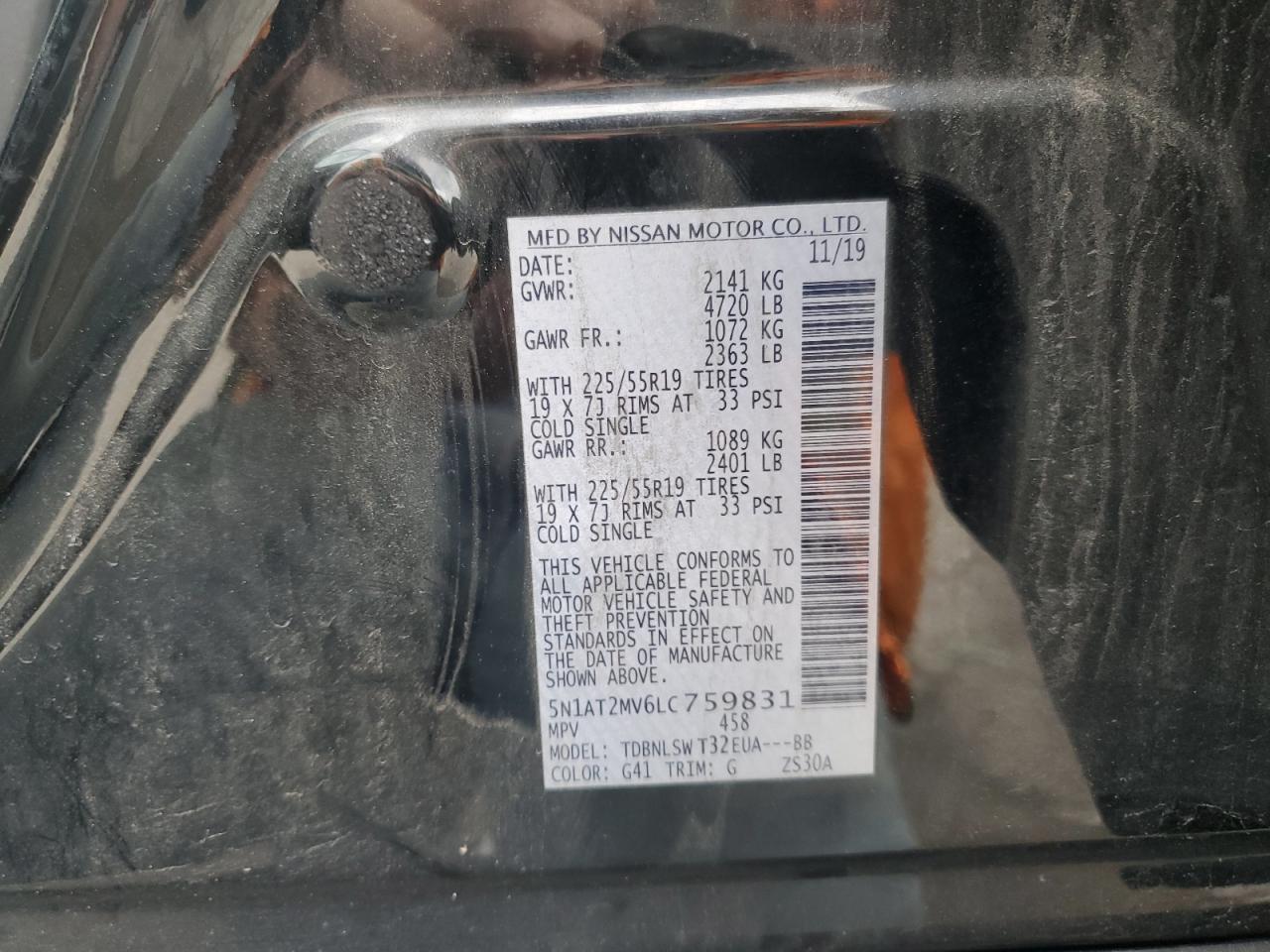 2020 Nissan Rogue S VIN: 5N1AT2MV6LC759831 Lot: 63140395