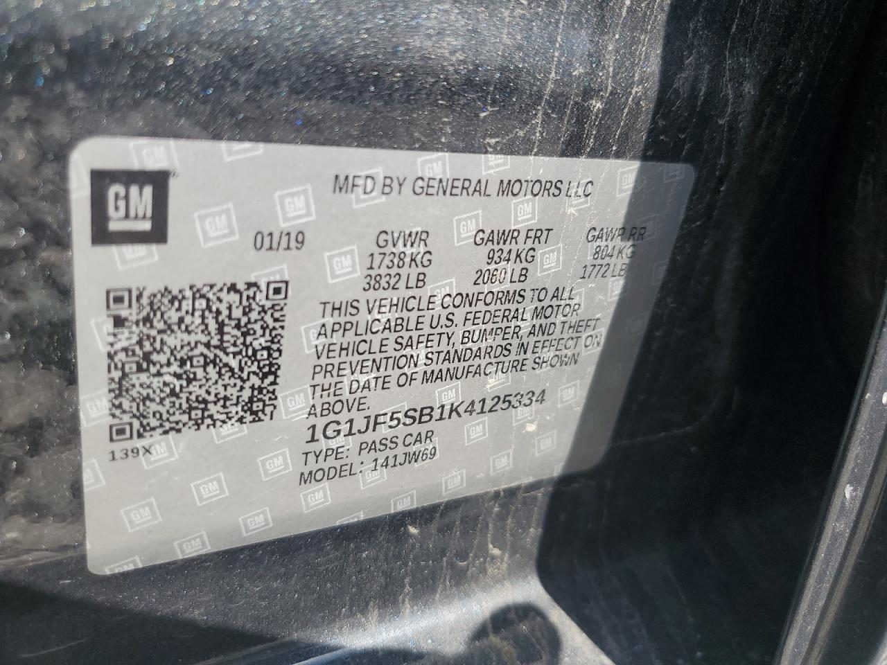 2019 Chevrolet Sonic Premier VIN: 1G1JF5SB1K4125334 Lot: 64103125