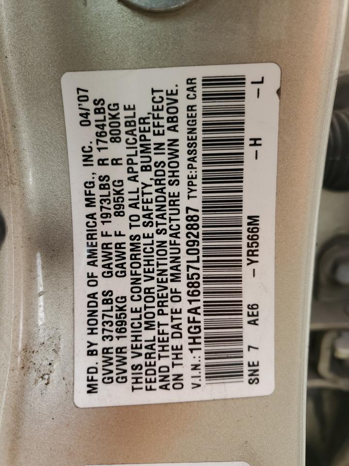 2007 Honda Civic Ex VIN: 1HGFA16857L092887 Lot: 65014875