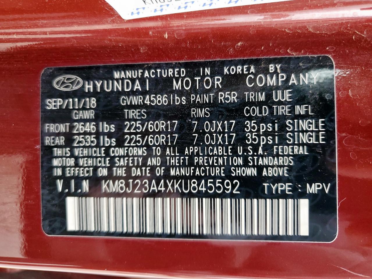 2019 Hyundai Tucson Se VIN: KM8J23A4XKU845592 Lot: 64951865
