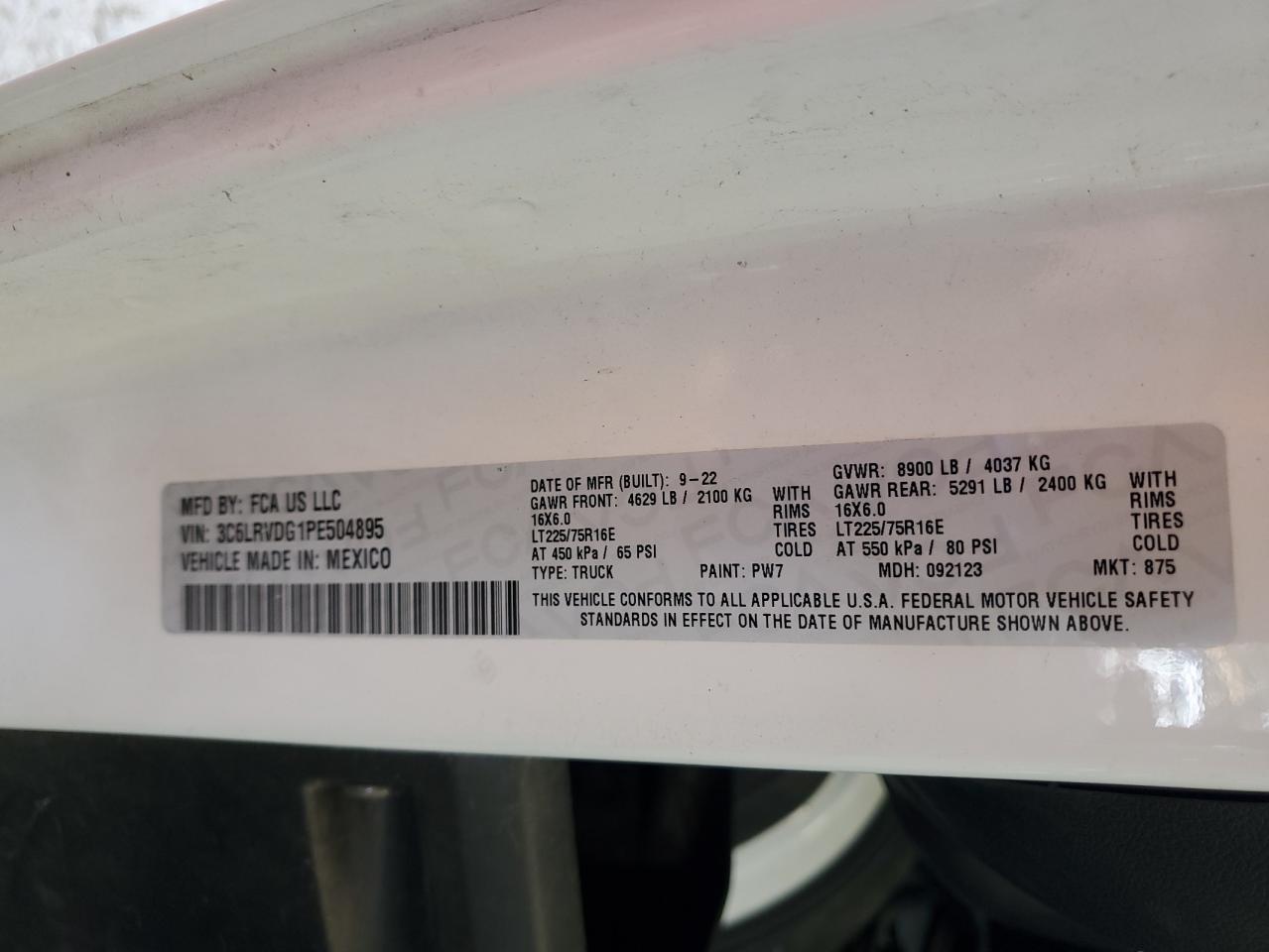 2023 Ram Promaster 2500 2500 High VIN: 3C6LRVDG1PE504895 Lot: 63405285
