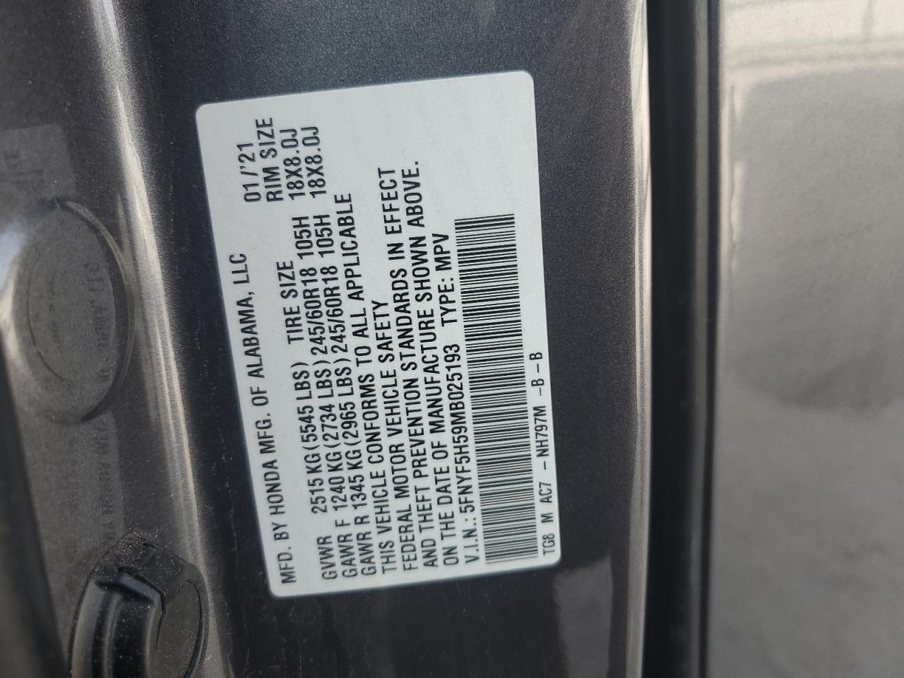 2021 Honda Pilot Exl VIN: 5FNYF5H59MB025193 Lot: 65407925