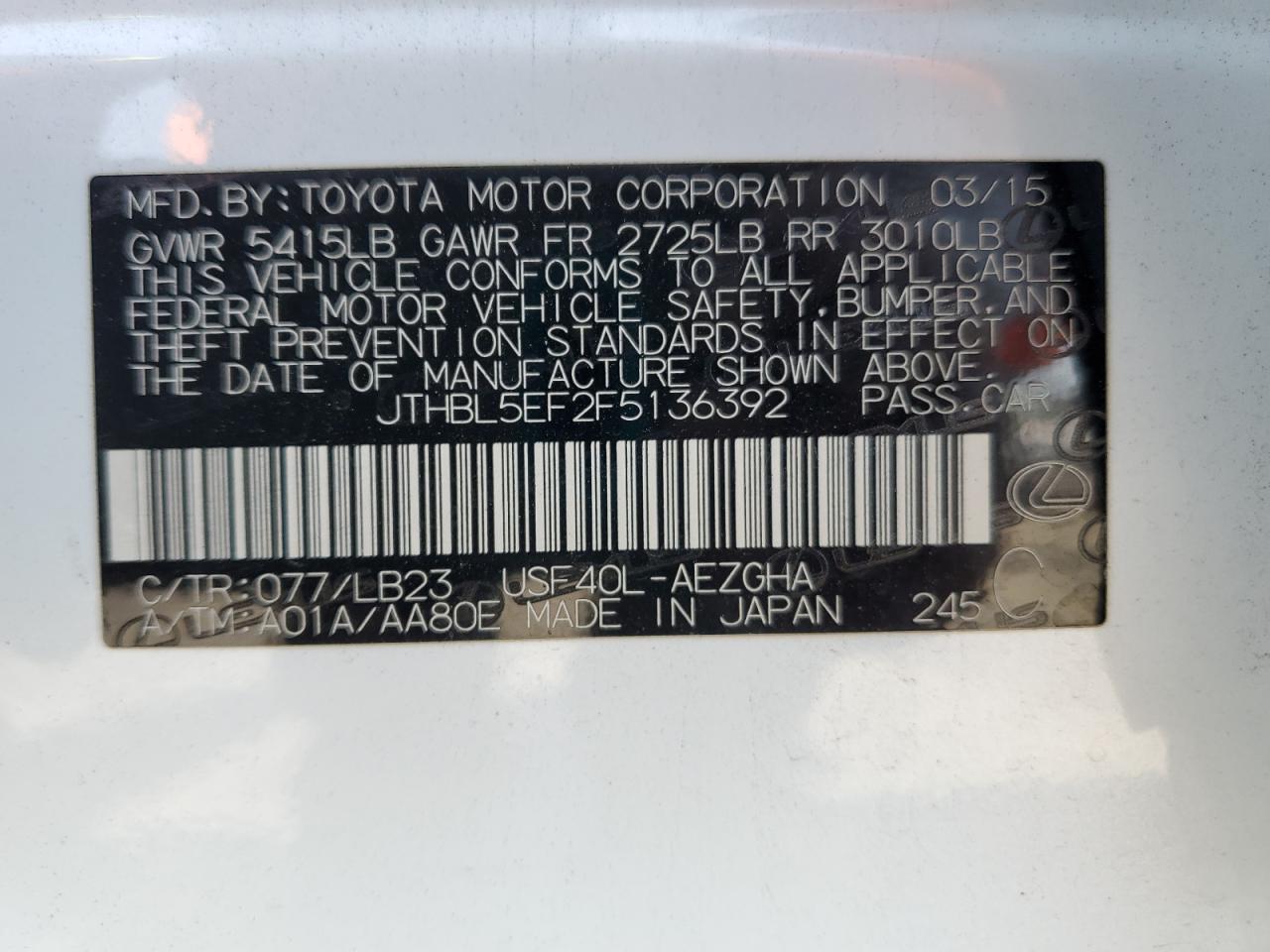 2015 Lexus Ls 460 VIN: JTHBL5EF2F5136392 Lot: 64685565