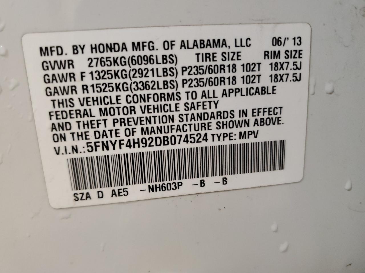 2013 Honda Pilot Touring VIN: 5FNYF4H92DB074524 Lot: 63385705