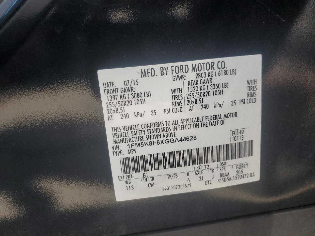 2016 Ford Explorer Limited VIN: 1FM5K8F8XGGA44628 Lot: 65031415