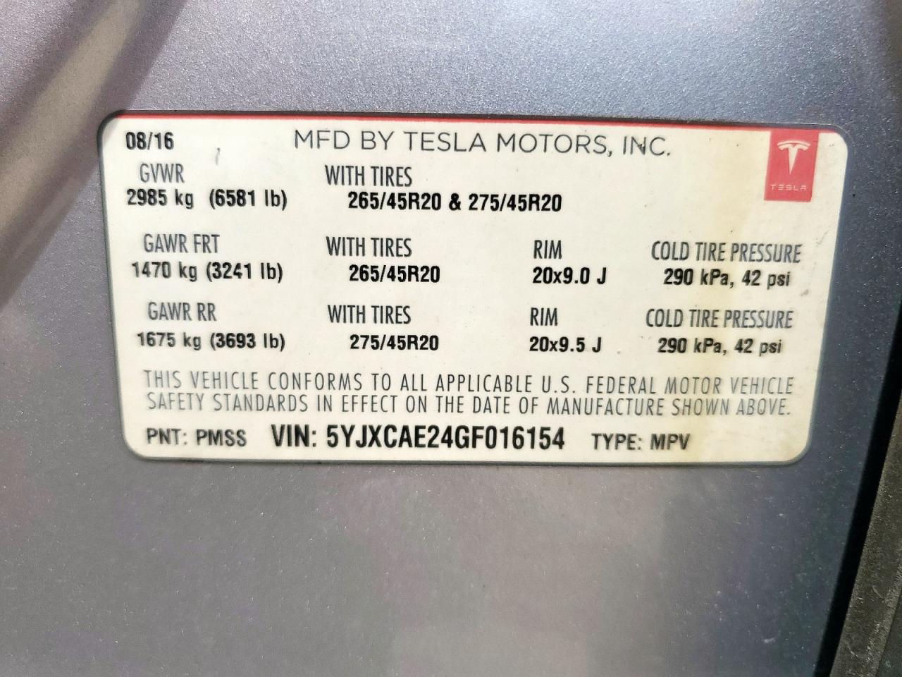 2016 Tesla Model X VIN: 5YJXCAE24GF016154 Lot: 63116415