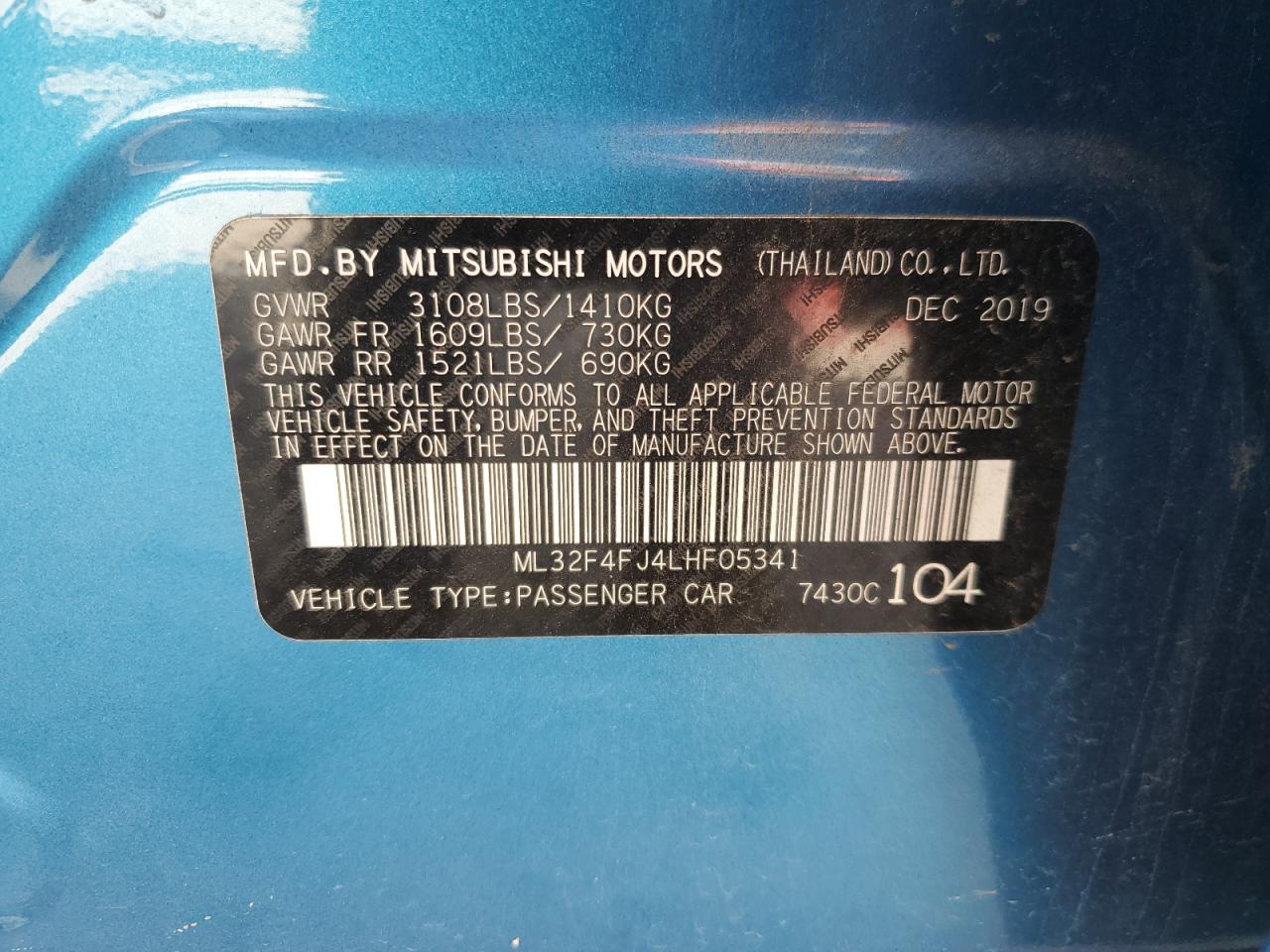 2020 Mitsubishi Mirage G4 Se VIN: ML32F4FJ4LHF05341 Lot: 63651385