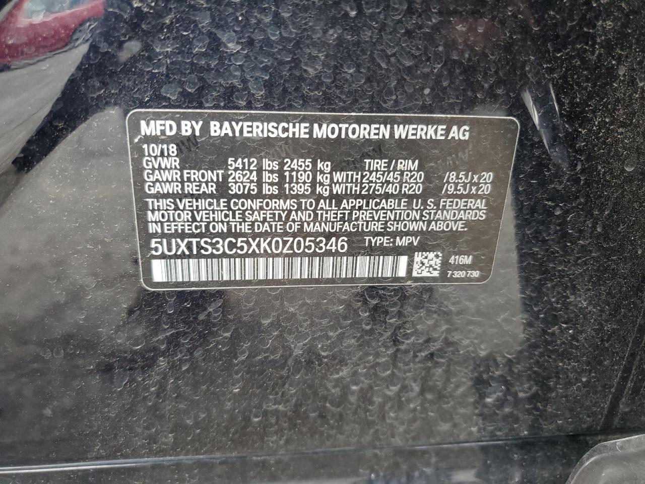 2019 BMW X3 xDrivem40I VIN: 5UXTS3C5XK0Z05346 Lot: 64222945