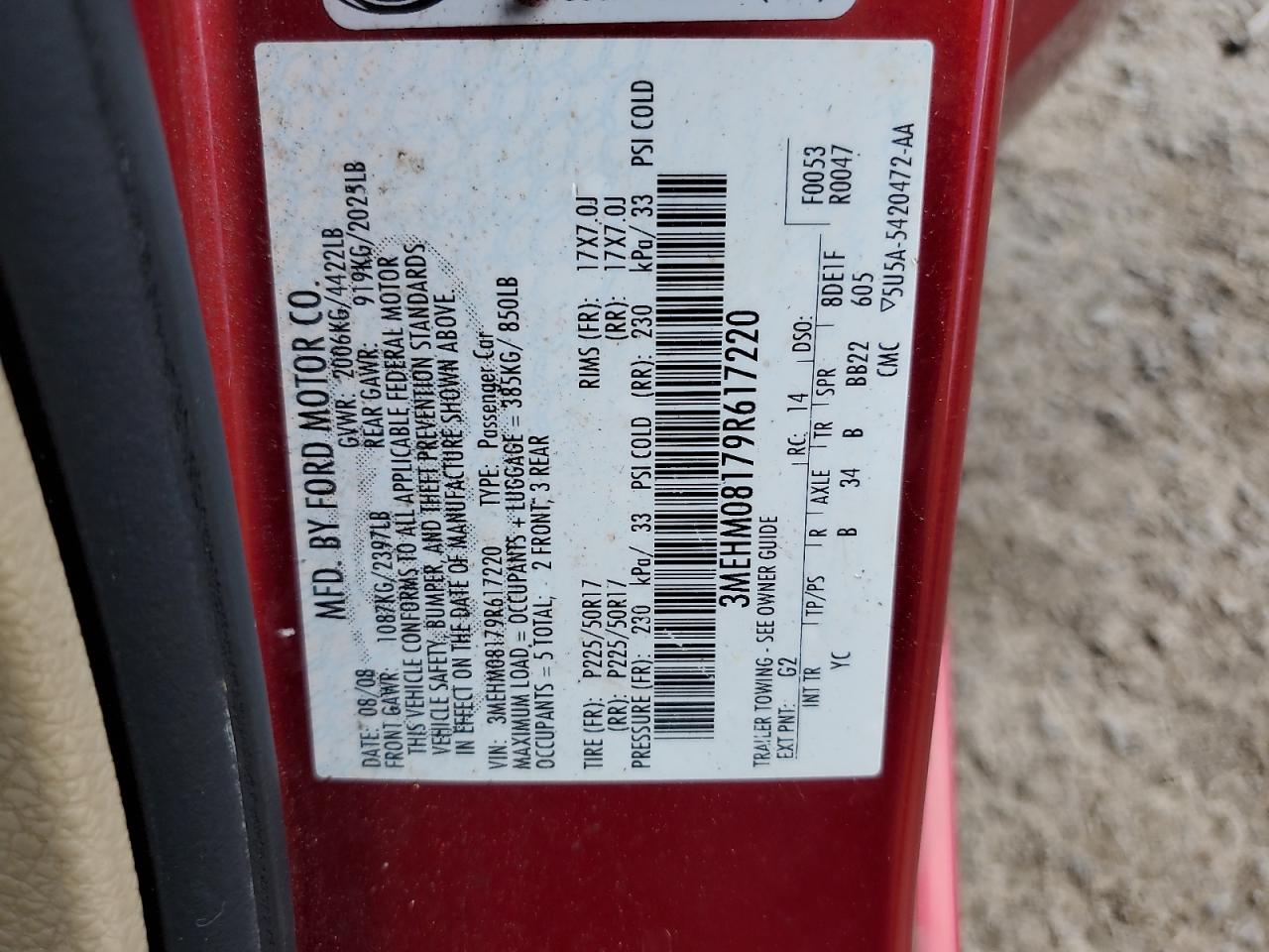 2009 Mercury Milan Premier VIN: 3MEHM08179R617220 Lot: 64209645