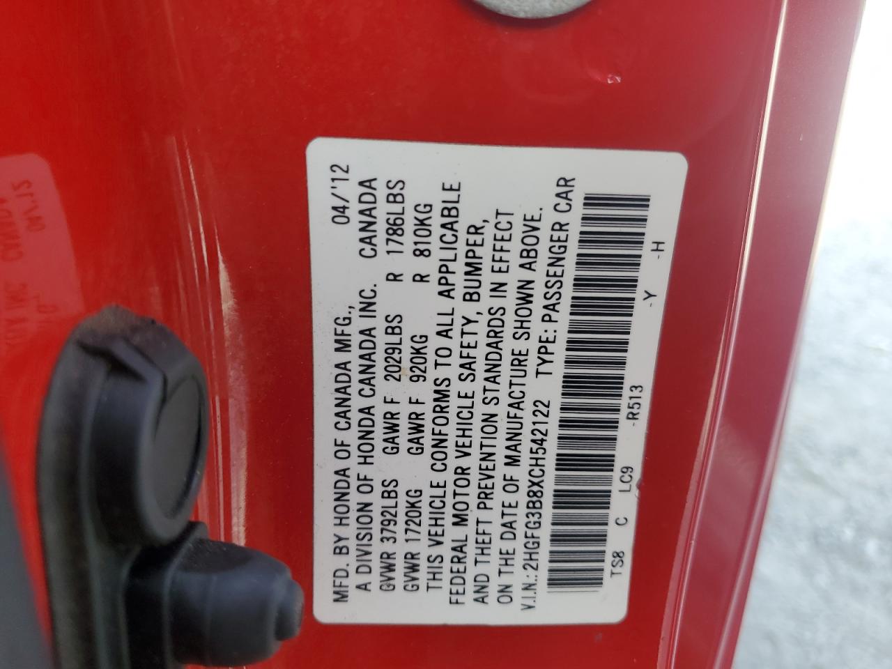 2012 Honda Civic Ex VIN: 2HGFG3B8XCH542122 Lot: 65191885
