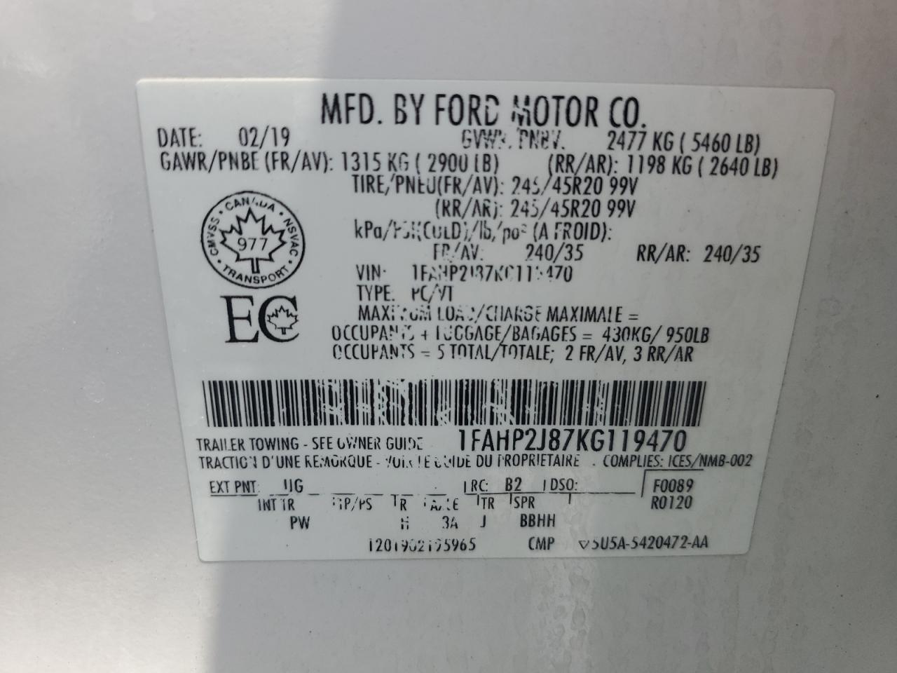 2019 Ford Taurus Limited VIN: 1FAHP2J87KG119470 Lot: 64014775