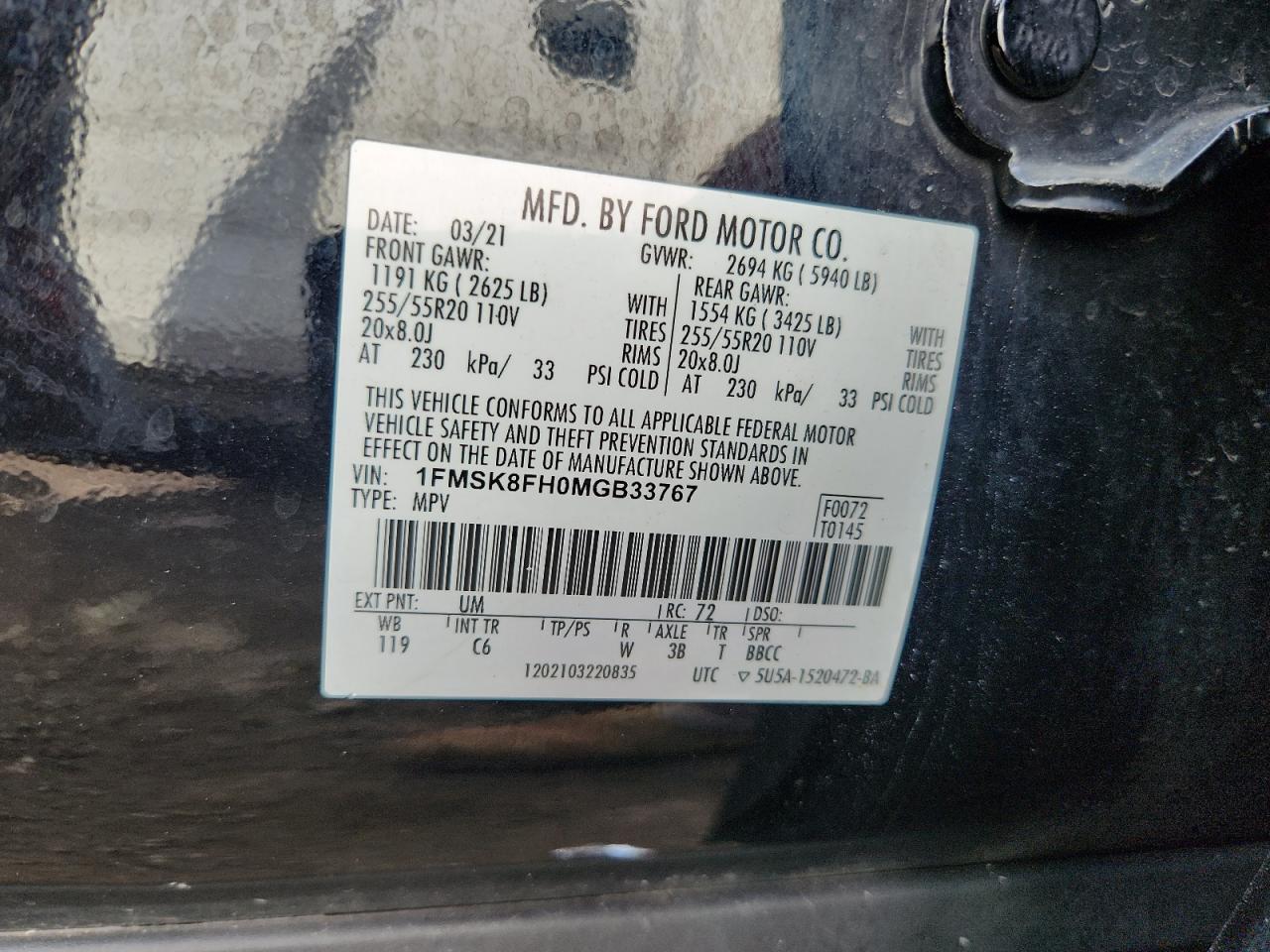 2021 Ford Explorer Limited VIN: 1FMSK8FH0MGB33767 Lot: 64100885
