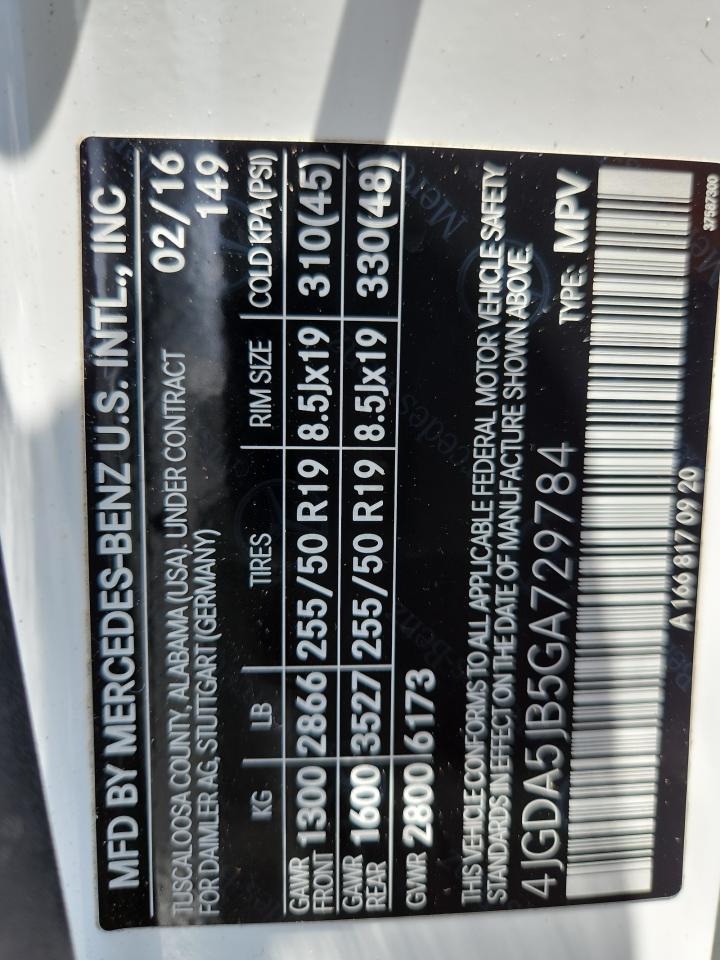2016 Mercedes-Benz Gle 350 VIN: 4JGDA5JB5GA729784 Lot: 63498835