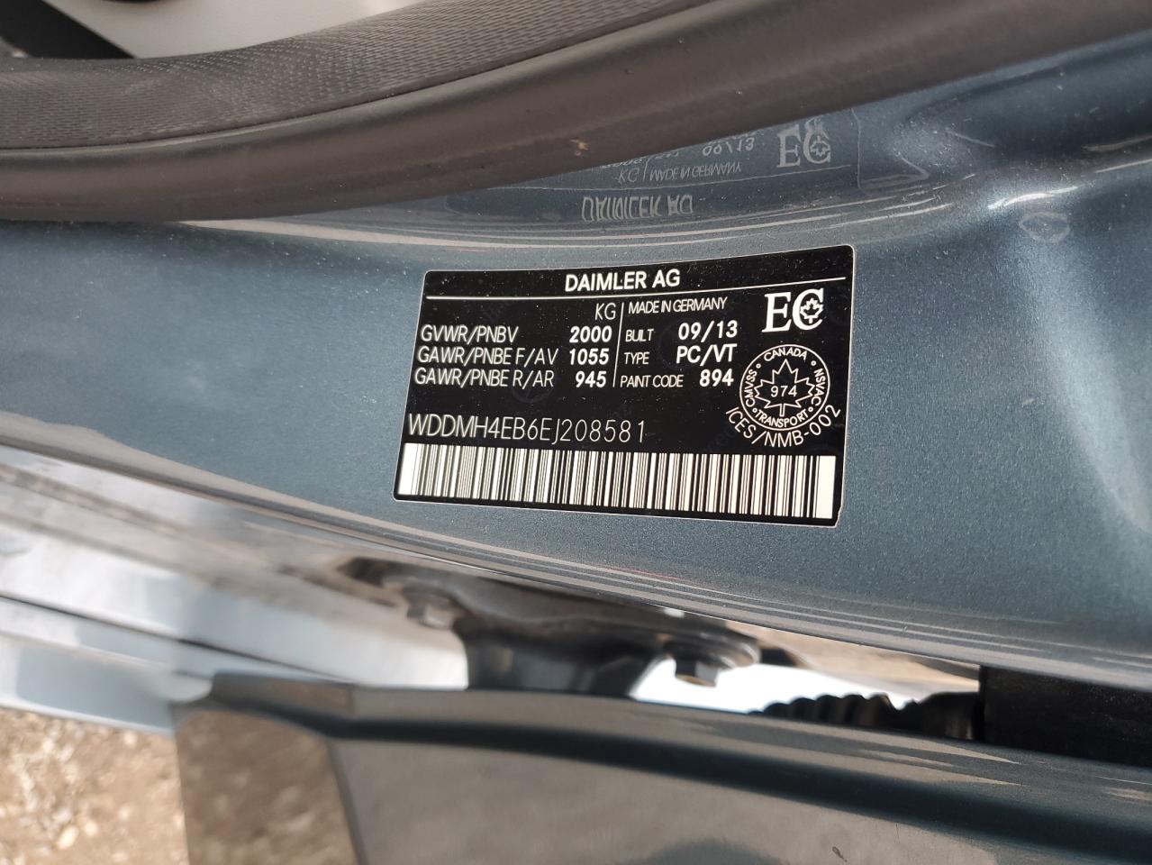 2014 Mercedes-Benz B250 VIN: WDDMH4EB6EJ208581 Lot: 65003775