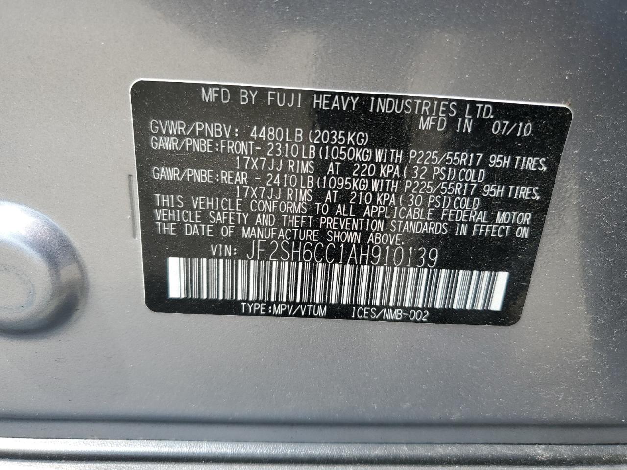 2010 Subaru Forester 2.5X Premium VIN: JF2SH6CC1AH910139 Lot: 65512055