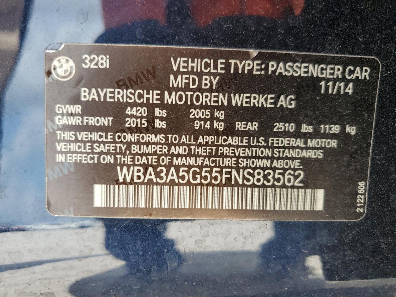 2015 BMW 328 I VIN: WBA3A5G55FNS83562 Lot: 63014885