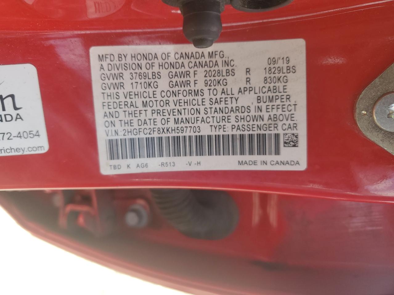 2019 Honda Civic Sport VIN: 2HGFC2F8XKH597703 Lot: 65249435