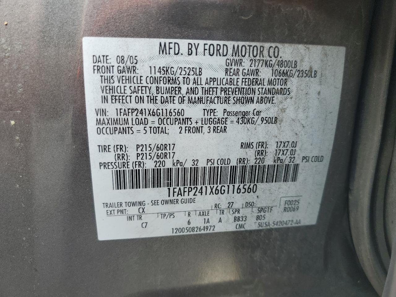 2006 Ford Five Hundred Sel VIN: 1FAFP241X6G116560 Lot: 64770325