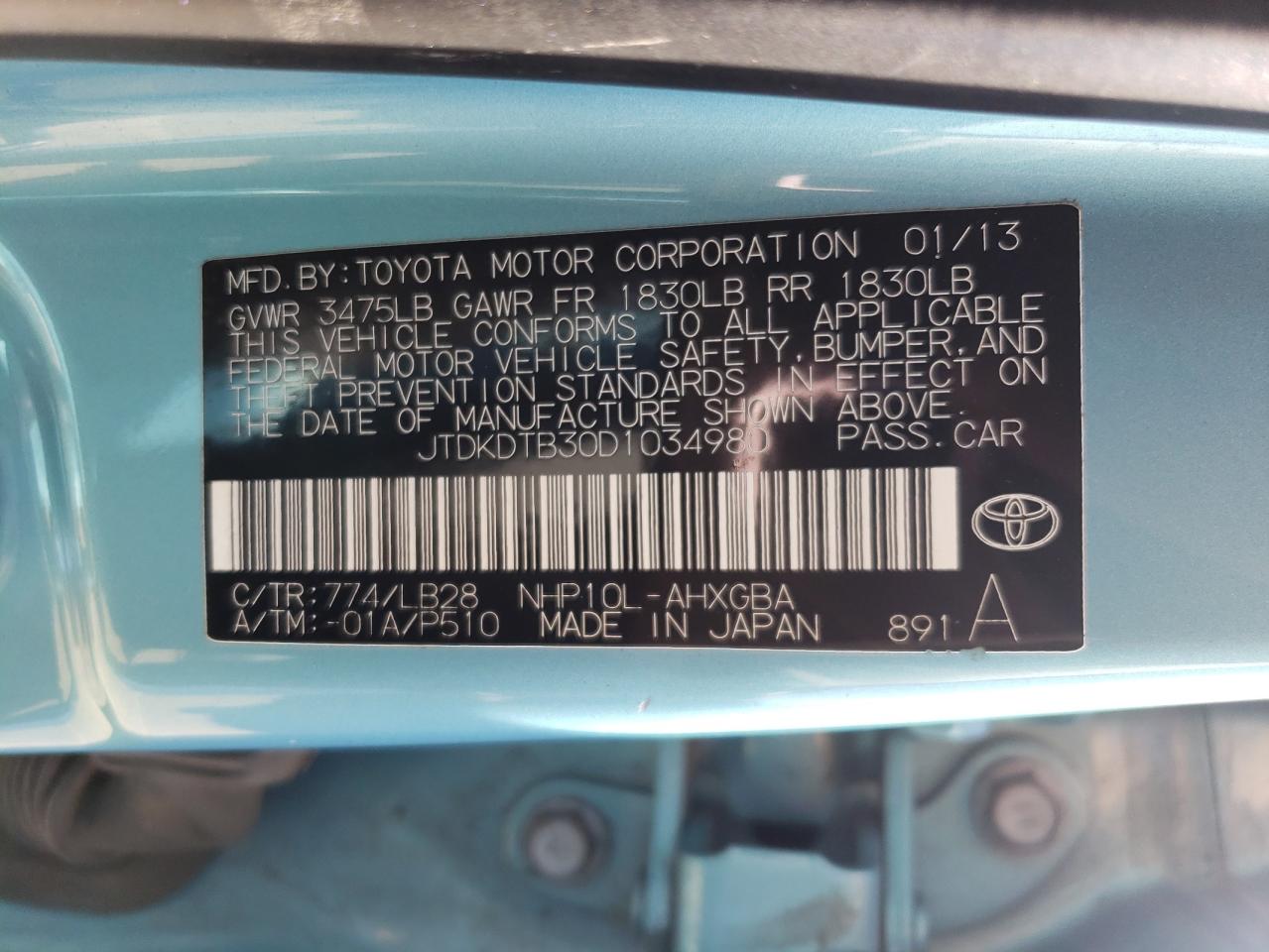 2013 Toyota Prius C VIN: JTDKDTB30D1034980 Lot: 62764015