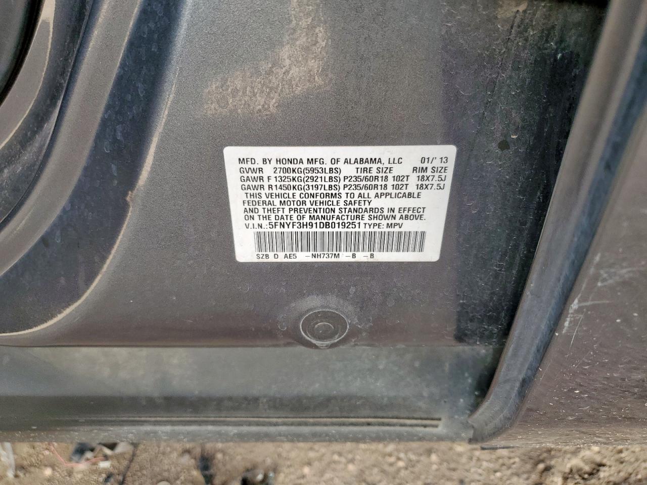 2013 Honda Pilot Touring VIN: 5FNYF3H91DB019251 Lot: 65161085