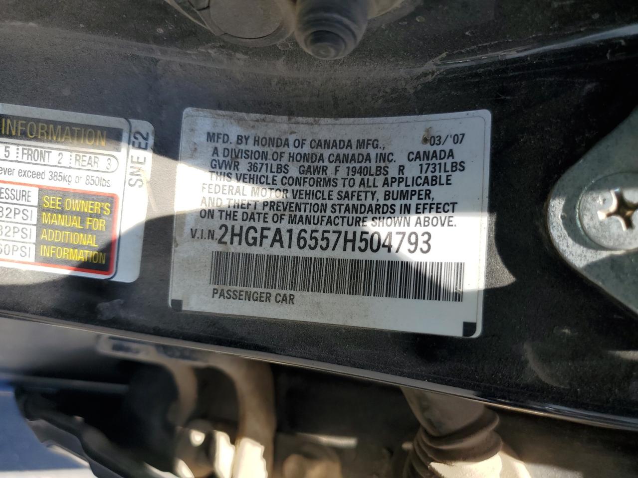 2007 Honda Civic Lx VIN: 2HGFA16557H504793 Lot: 64986875