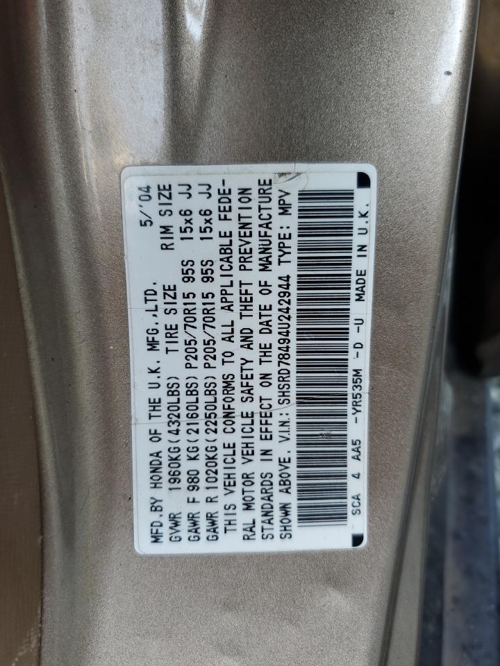 2004 Honda Cr-V Lx VIN: SHSRD78494U242944 Lot: 64880635