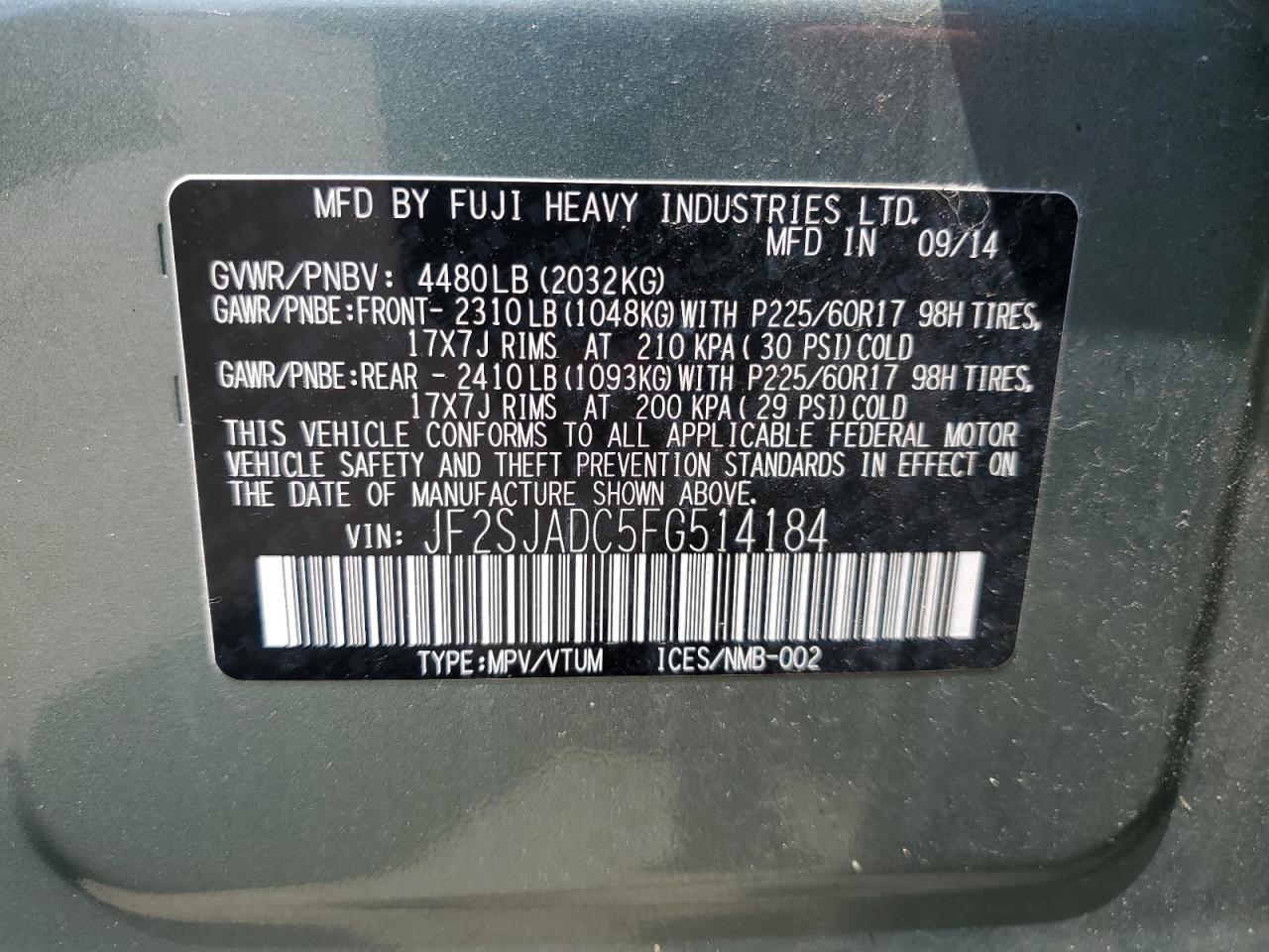 2015 Subaru Forester 2.5I Premium VIN: JF2SJADC5FG514184 Lot: 62753465