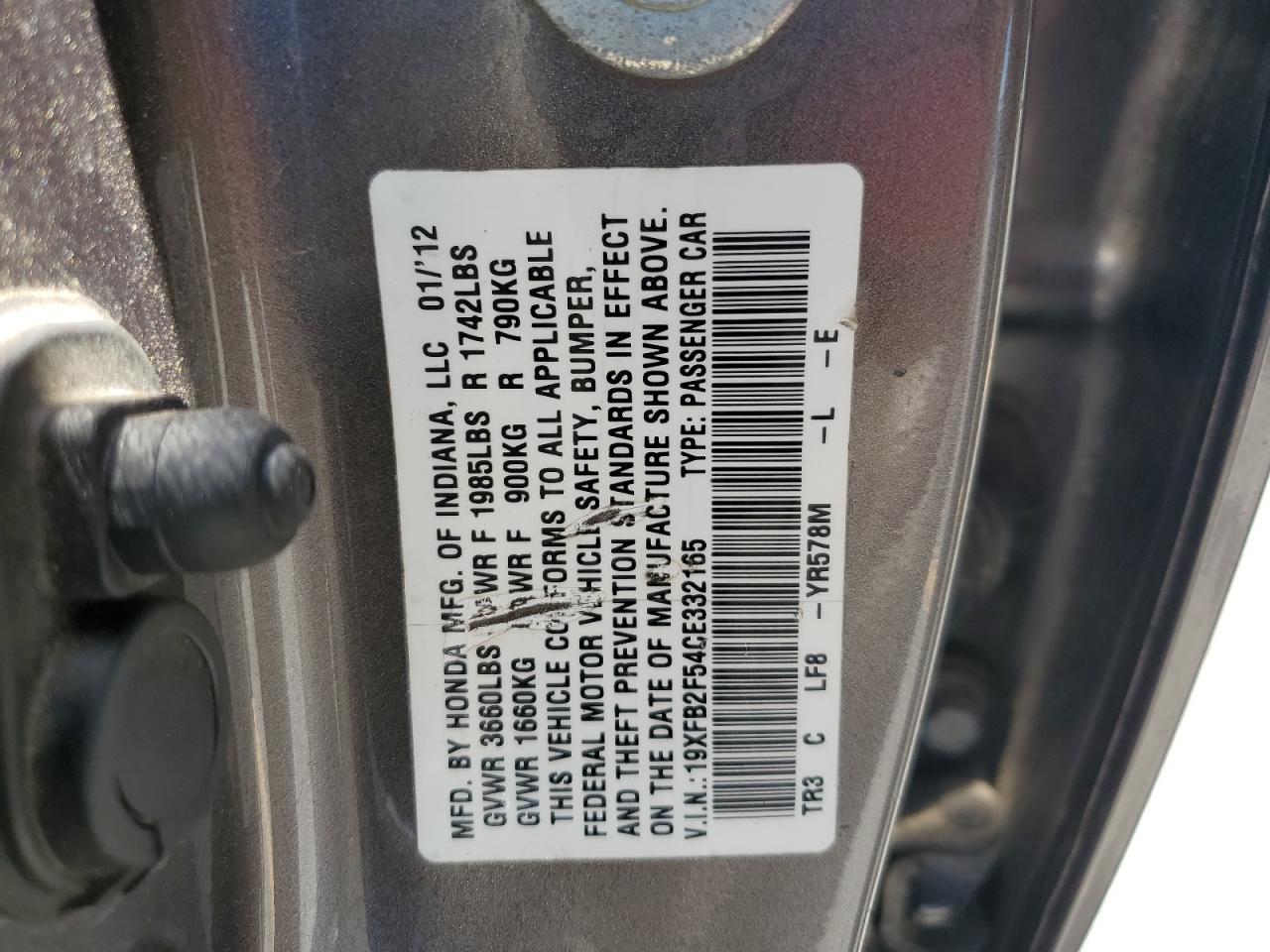 2012 Honda Civic Lx VIN: 19XFB2F54CE332165 Lot: 64219565