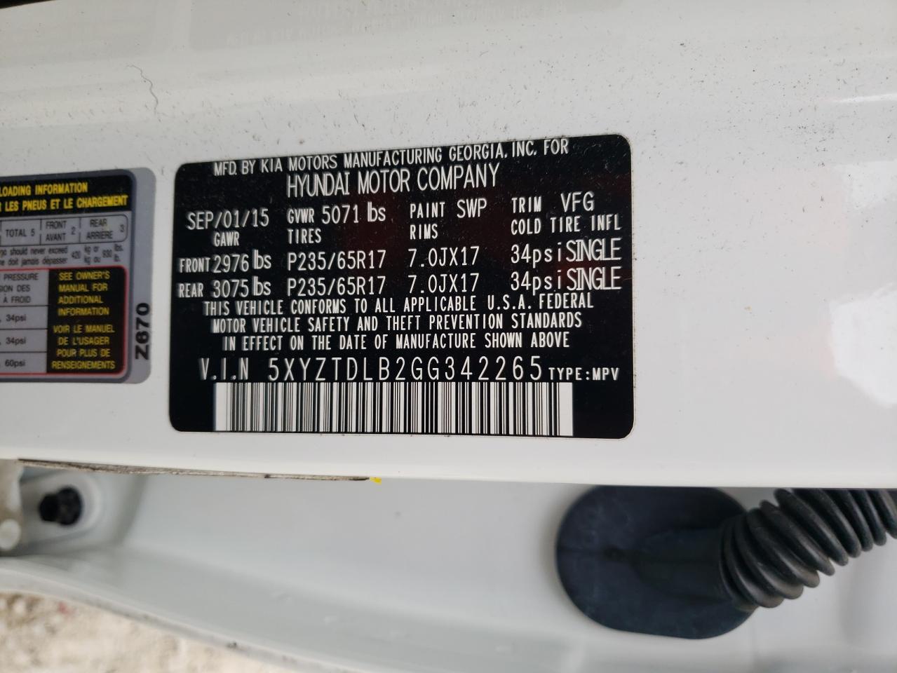 2016 Hyundai Santa Fe Sport VIN: 5XYZTDLB2GG342265 Lot: 65276775