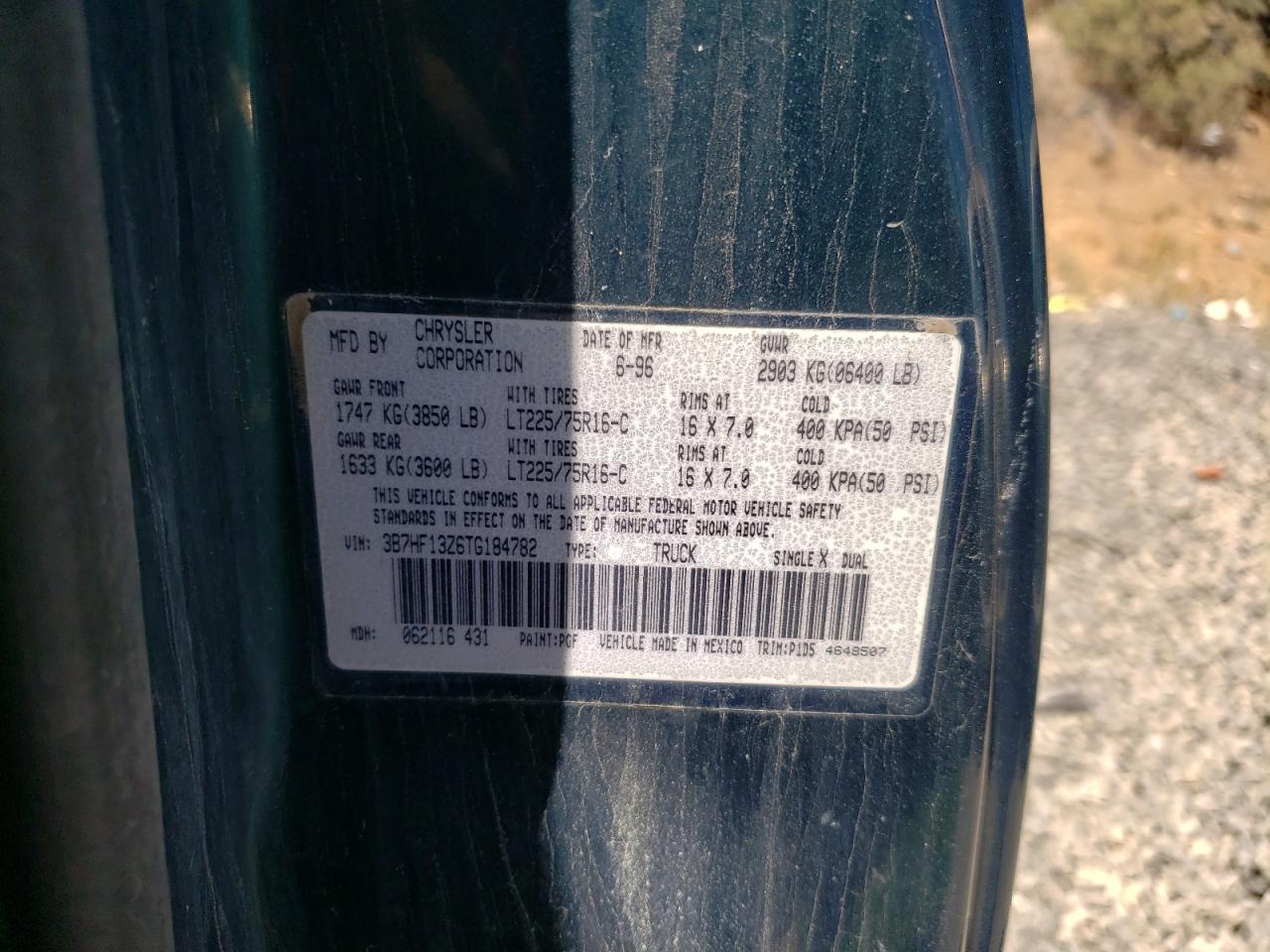 1996 Dodge Ram 1500 VIN: 3B7HF13Z6TG184782 Lot: 62412735