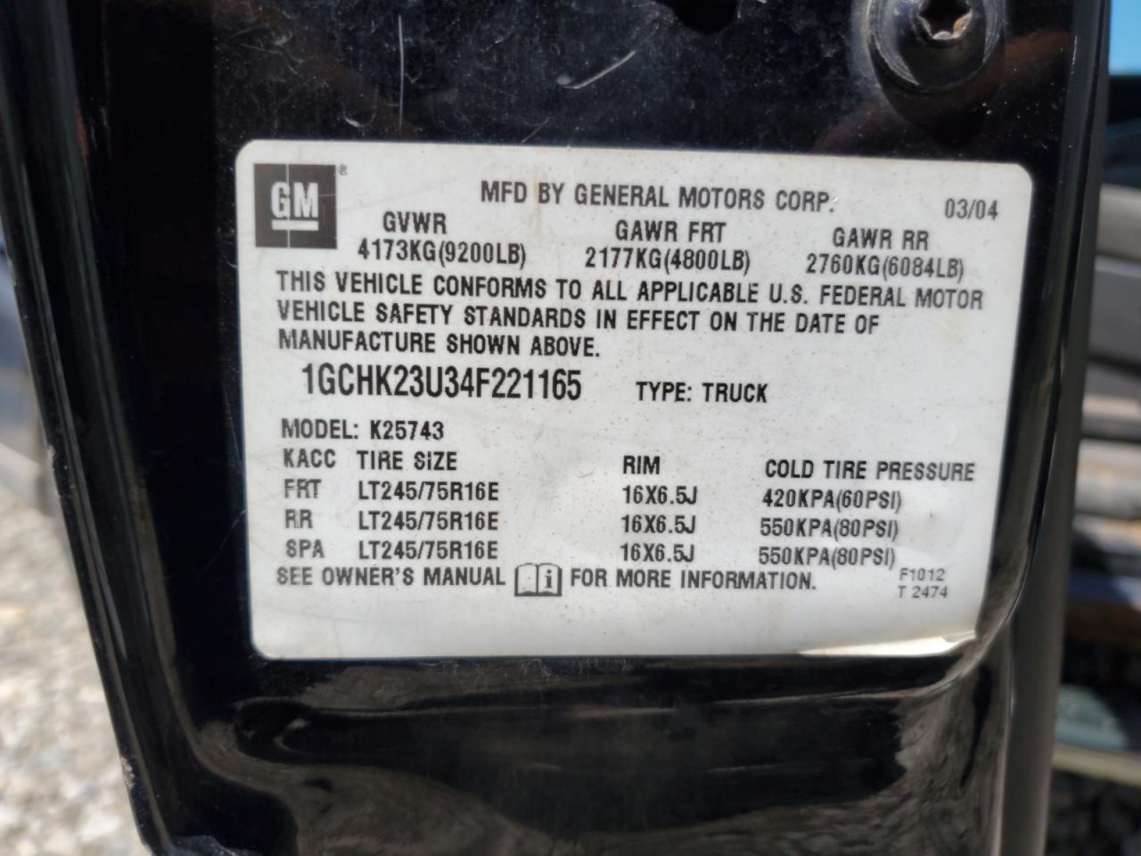 2004 Chevrolet Silverado K2500 Heavy Duty VIN: 1GCHK23U34F221165 Lot: 64042905