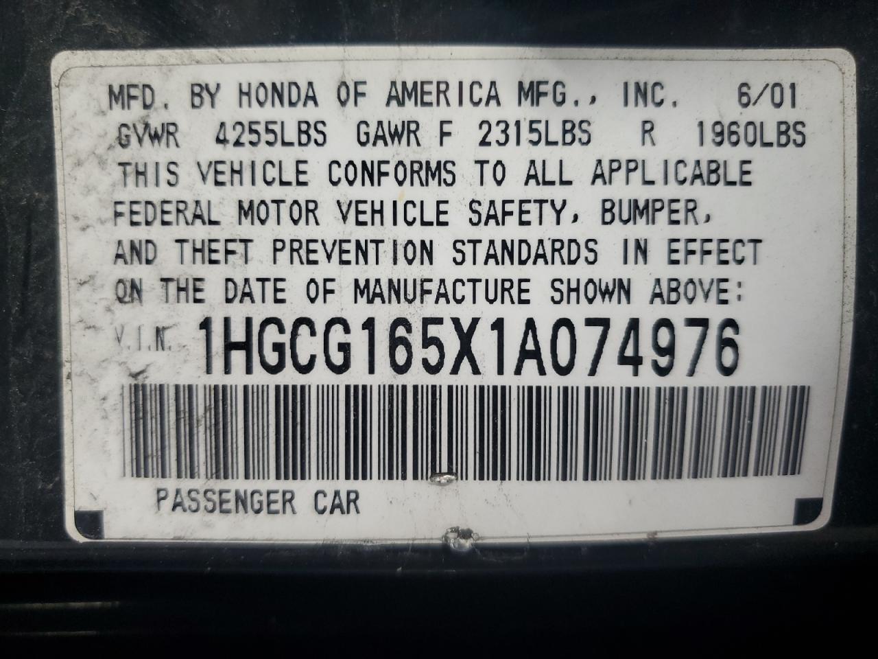 2001 Honda Accord Ex VIN: 1HGCG165X1A074976 Lot: 64275035