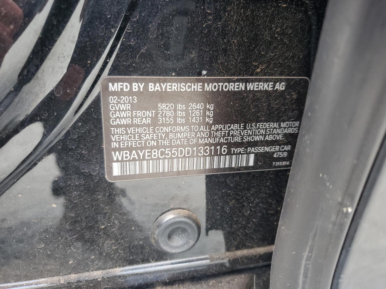 2013 BMW 750 Li VIN: WBAYE8C55DD133116 Lot: 66868285