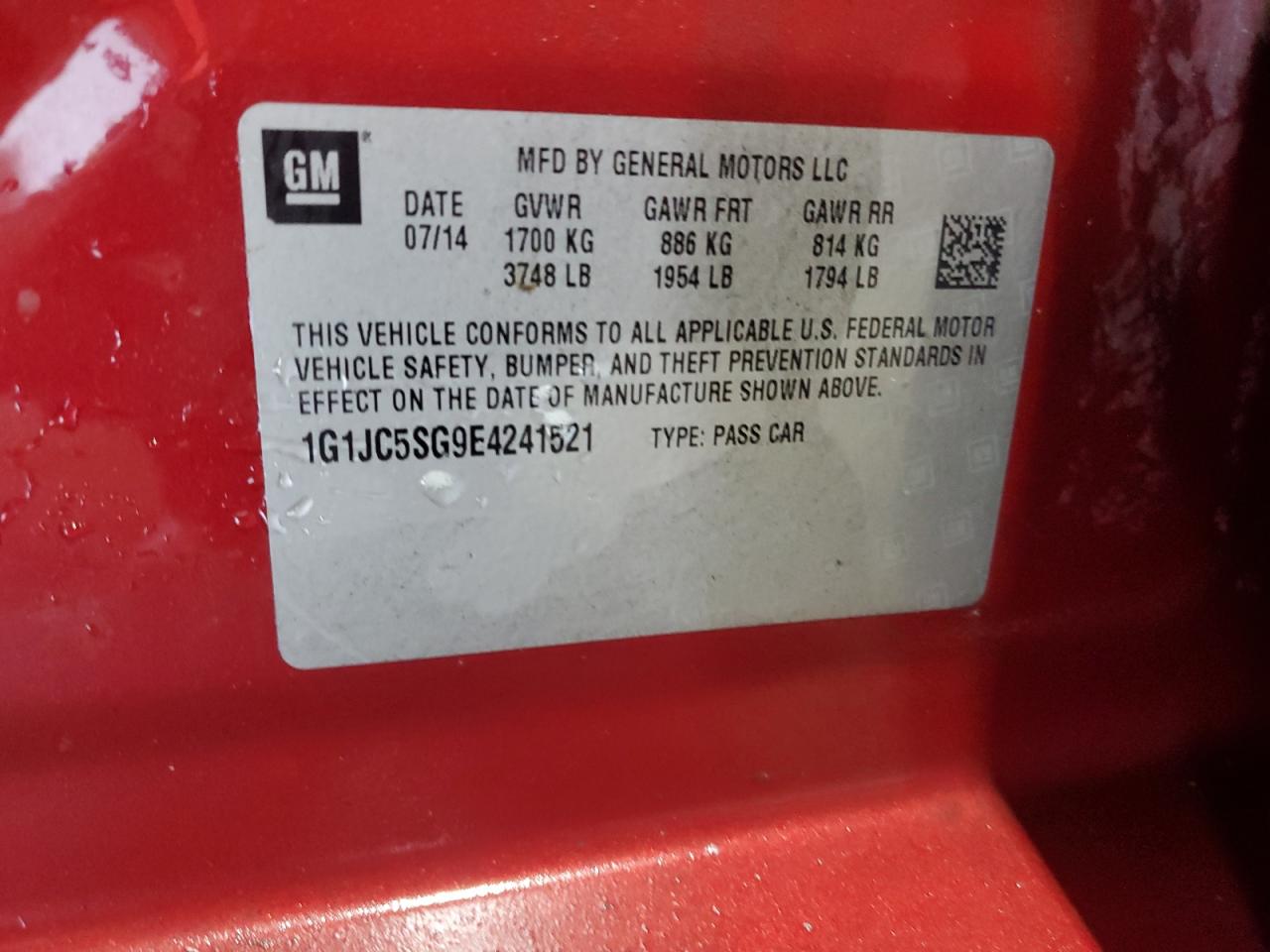 2014 Chevrolet Sonic Lt VIN: 1G1JC5SG9E4241521 Lot: 63411555